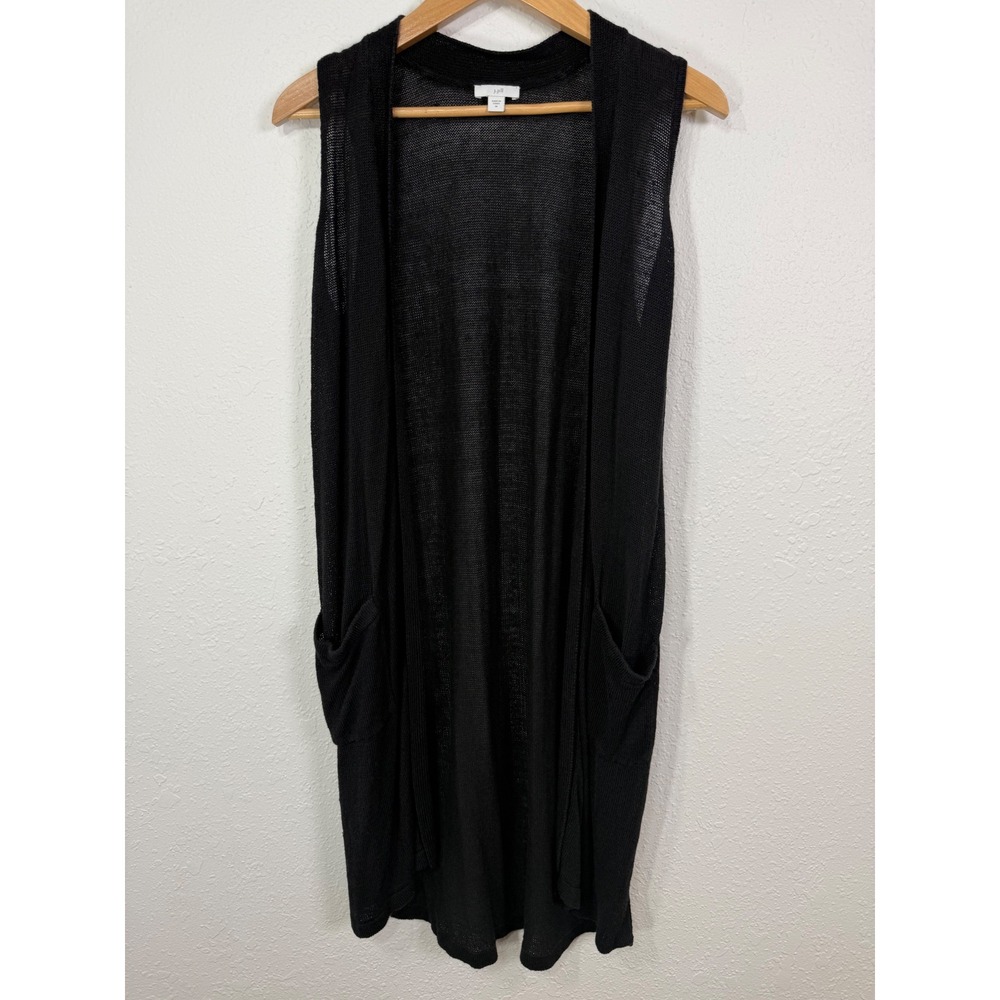 J. Jill Medium Black Linen Blend Open Front Longline Sleeveless Cardigan Duster